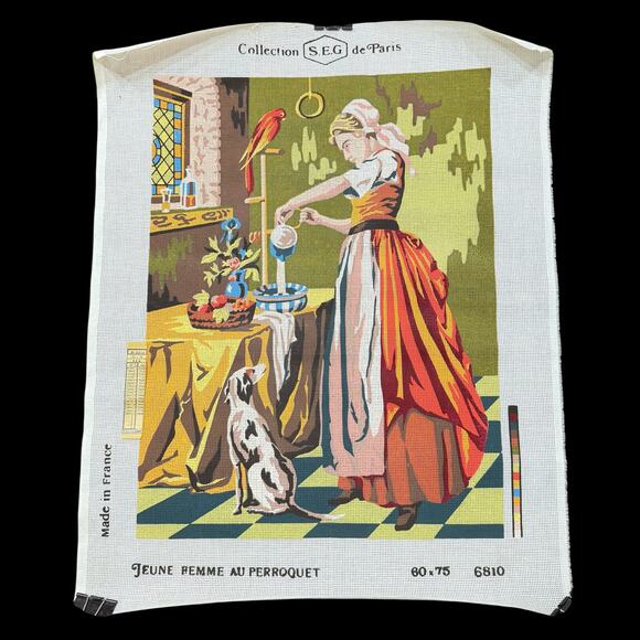 Vintage French Needlepoint Canvas Young Girl with Parrot SEG Collection Paris - Picture 1 of 10
